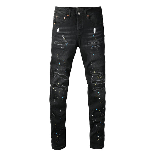 PURPLE Men Streetwear Skinny Jeans Black Wash with Distressed Details and Multi - Color Paint Splash 9121