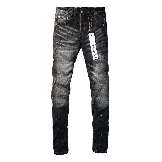PURPLE Men Streetwear Skinny Jeans Black - Gray Fade Wash with White Paint Specks 9027