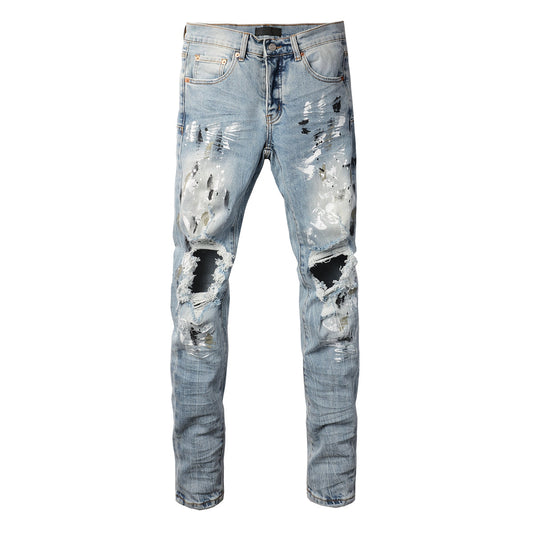 PURPLE Men Streetwear Jeans Light Blue Paint Splash Distressed Ripped skinny 9100