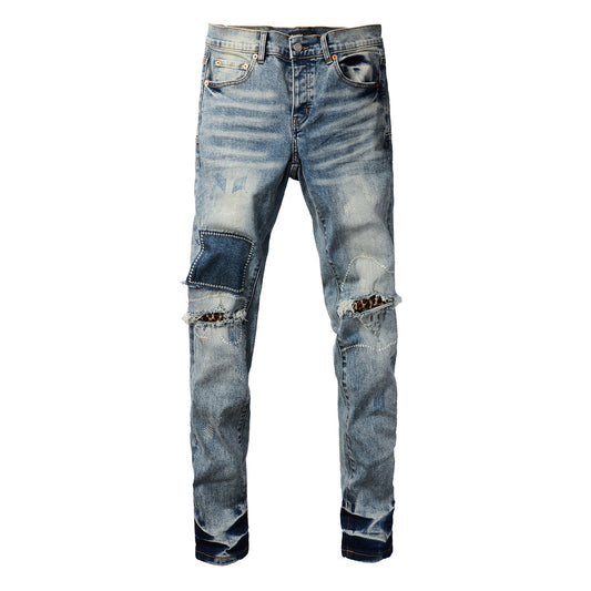 PURPLE Men Streetwear Jeans Distressed Light Blue Patch Leopard Ripped skinny 9095