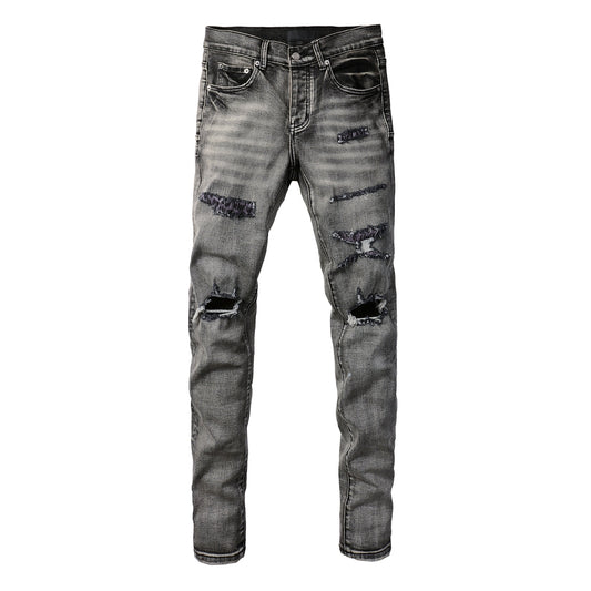 PURPLE Men Classic Streetwear Jeans Distressed Black Grey Ripped skinny 9068