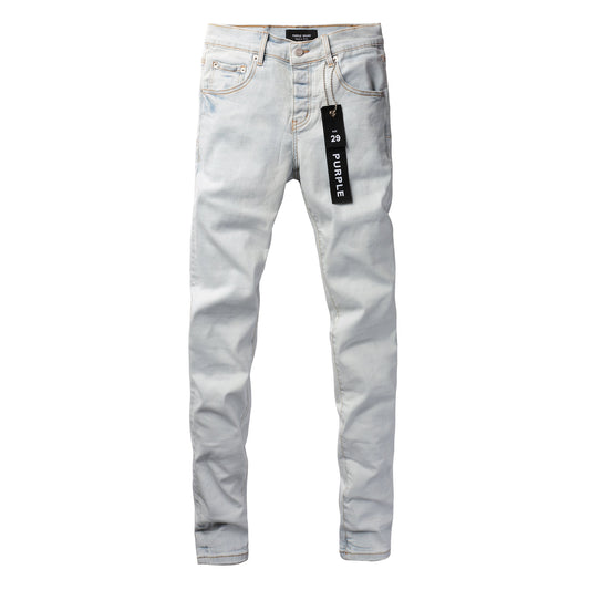 PURPLE Men Streetwear Skinny Jeans Light Gray Wash with Minimalist Style and Tag Accent 9081
