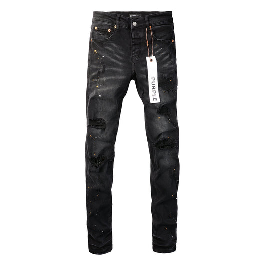 PURPLE Mens Jeans - Distressed Black Denim with Knee Slit and Ripped Hole 9045