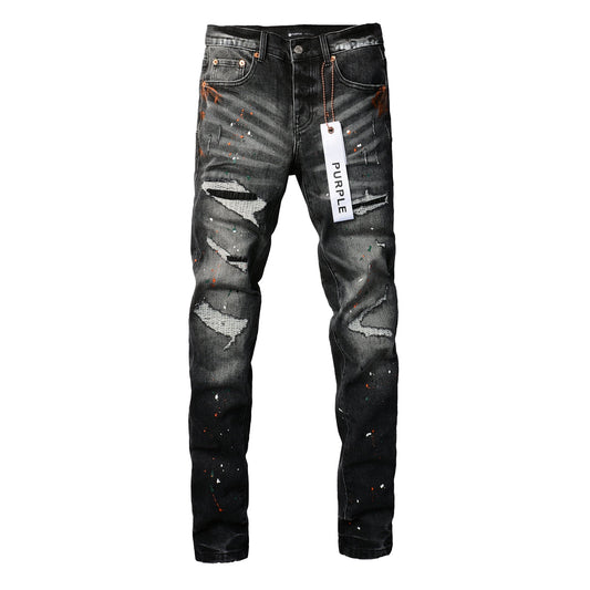 PURPLE Men Streetwear Skinny Jeans Dark Gray Wash with Distressed Rips and Multi-Color Paint Splatter 9018