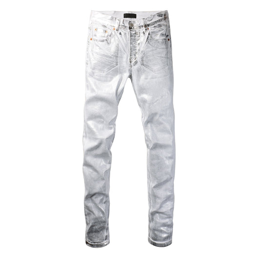 PURPLE Men Streetwear Jeans Metallic Silver Coated Finish with Futuristic Shine Skinny Fit Statement 9110