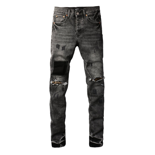 PURPLE Men Classic Streetwear Jeans Distressed Grey Ripped skinny Fit 9103