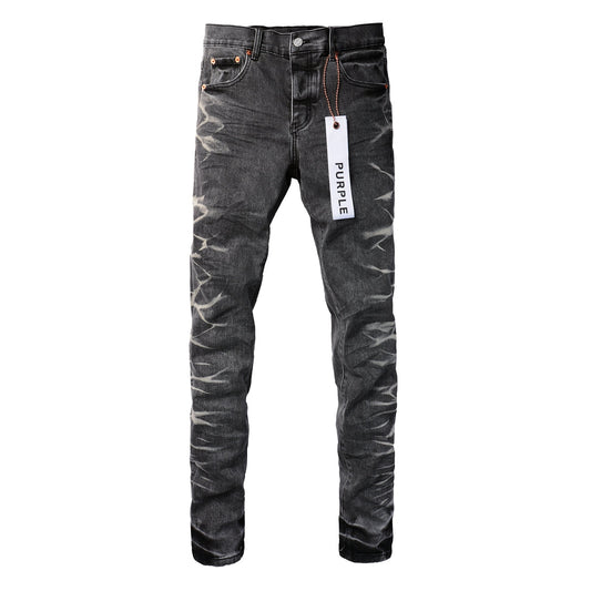 PURPLE  Men Streetwear Skinny Jeans Dark Gray Wash with White Marbled Texture 9056