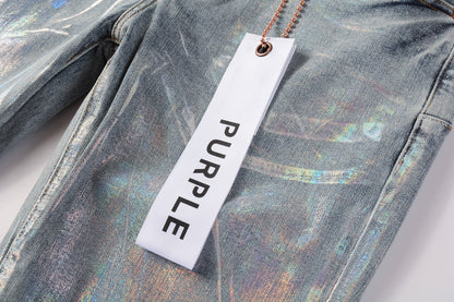 PURPLE Men Streetwear Skinny Jeans Light Blue Wash with Holographic Iridescent Finish 9005