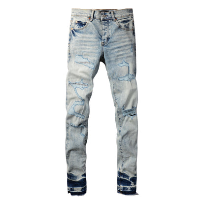 PURPLE Men Streetwear Jeans Distressed Light Blue Abstract Ripped skinny 9093