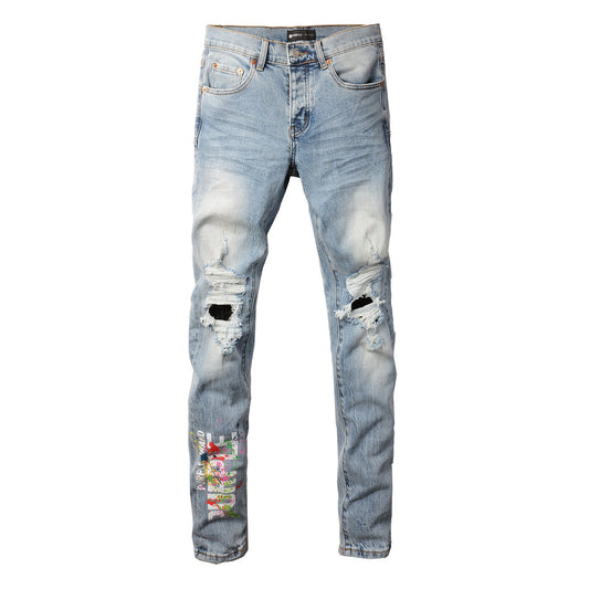PURPLE Men Streetwear Jeans Light Blue Ripped Graffiti Print Distressed skinny 9101