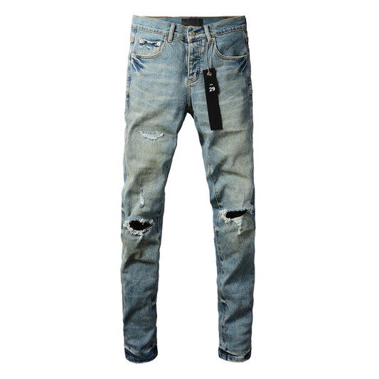 PURPLE Men Streetwear Skinny Jeans Light Blue Wash with Distressed Ripped Knee Details 9076