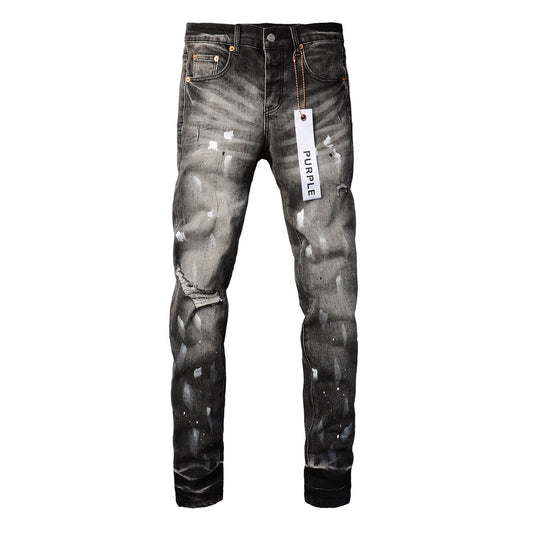 PURPLE Men Streetwear Skinny Jeans Dark Gray Wash with White Paint Splatter and Distressed Rips 9032