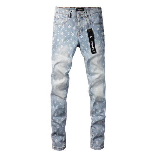 PURPLE Men Streetwear Skinny Jeans Light Blue Wash with All - Over Pattern Print 9089