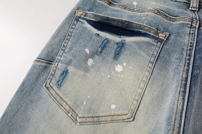 PURPLE Men Streetwear Skinny Jeans Light Blue Wash with Heavy Distressed Rips and White Paint Splatter 9003