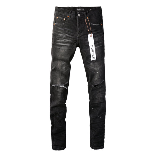 PURPLE Men Streetwear Skinny Jeans Black Wash with Knee Rips and White Paint Specks 9035