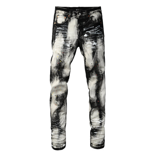 PURPLE Men Streetwear Skinny Jeans Black and White Graffiti Wash with Multi Color Paint Splash 9111