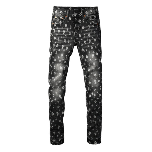 PURPLE Men Classic Street Skinny Jeans Dark Grey Monogram Print All Over Distressed Style 9112