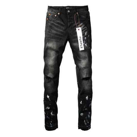 PURPLE Men Streetwear Skinny Jeans Black Fade Wash with White Paint Splatter and Distressed Rips 9002