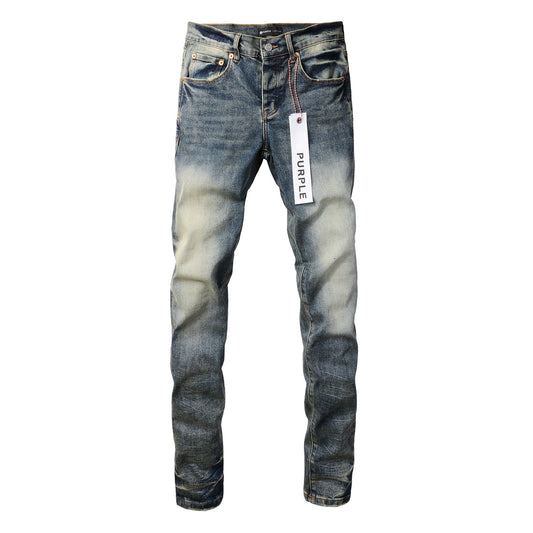 PURPLE Men Streetwear Skinny Jeans Light Blue Wash with Faded Gradient Distress 9042