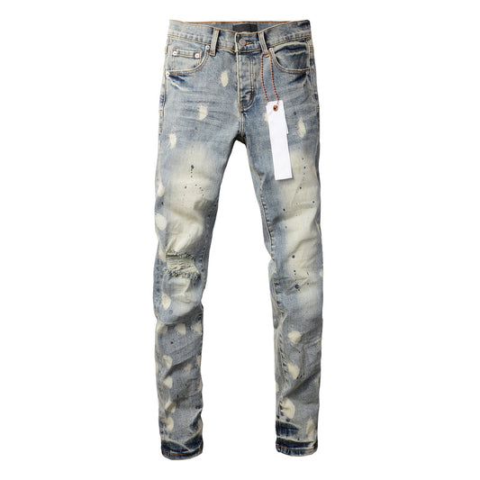 PURPLE Men Streetwear Jeans Distressed Light Blue Paint Dot Ripped skinny 9092