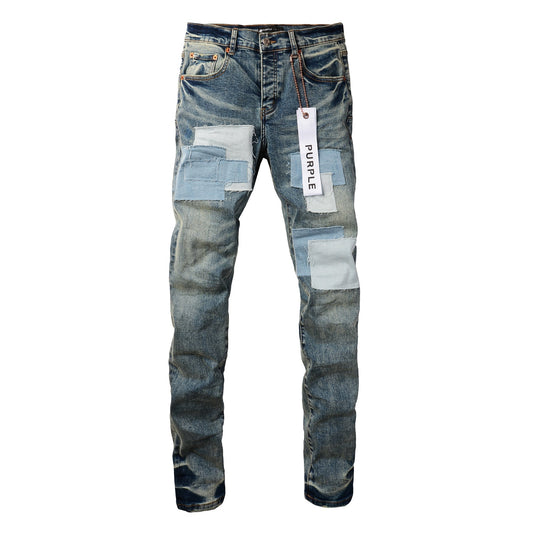 PURPLE Men Streetwear Skinny Jeans Light Blue Wash with Patchwork Distressed Details 9015