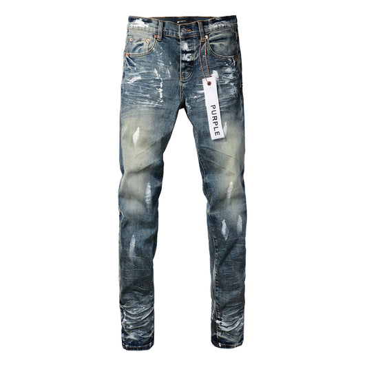 PURPLE Men Streetwear Skinny Jeans Light Blue Wash with White Paint Brush Strokes 9060