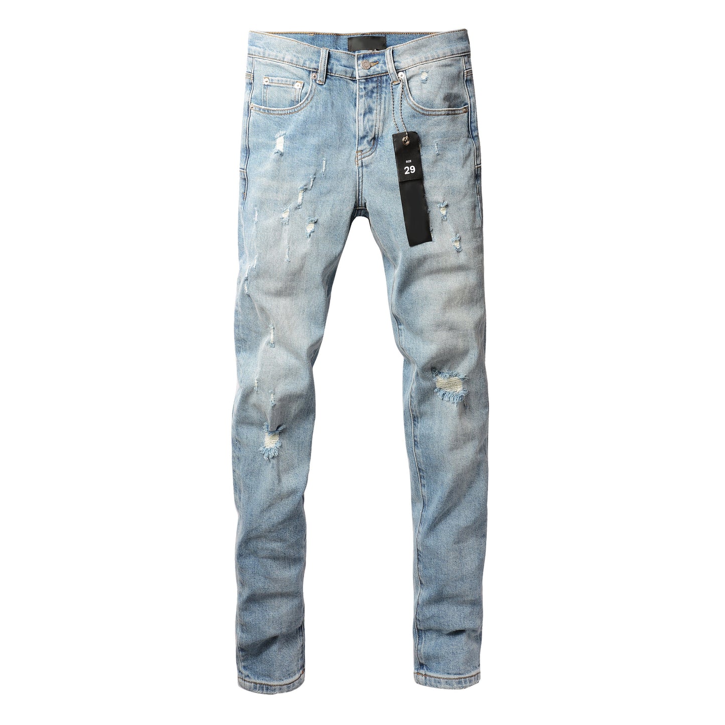 PURPLE Men Streetwear Skinny Jeans Light Blue Wash with Subtle Distressed Ripped Details 9075