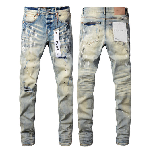 PURPLE Men Streetwear Skinny Jeans Light Blue Wash with White Paint Splatter and Distressed Rips 9007