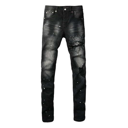 PURPLE Men Streetwear Jeans Distressed Black Paint Splash Patch Ripped skinny 9099