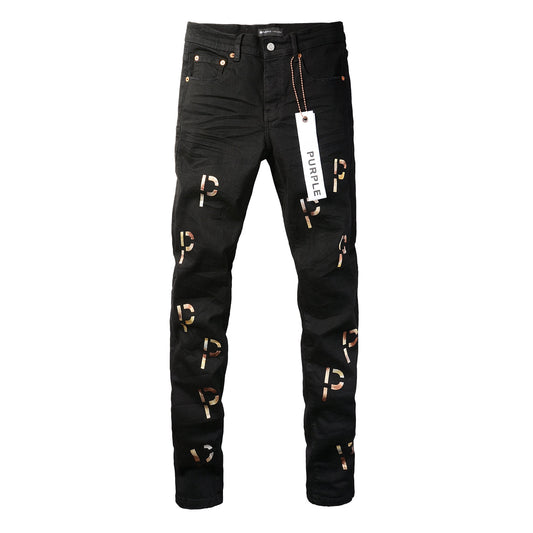 PURPLE Men Streetwear Skinny Jeans Black Wash with All-Over Metallic Gold "P" Print 9008