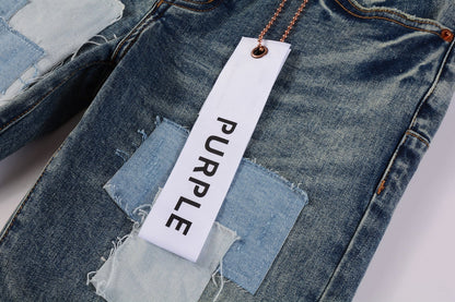 PURPLE Men Streetwear Skinny Jeans Light Blue Wash with Patchwork Distressed Details 9015